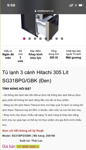 tủ lạnh đá rơi Hitachi inverter như mới 305 lít ( Thái Lan)